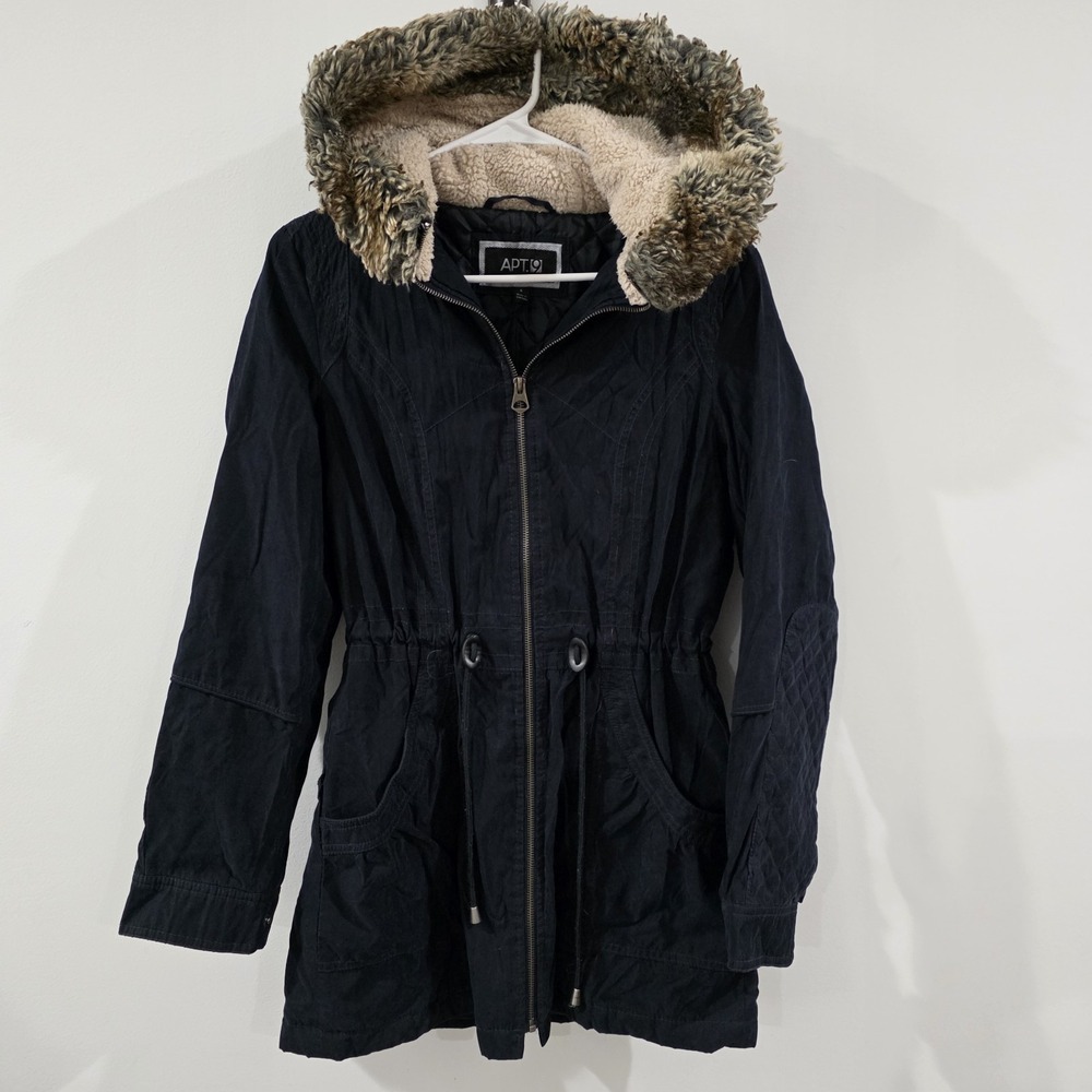 Y2K Vintage Apt 9 Womens Jacket Size Small Faux Fur‎ Lined Hood Blue Long Preppy